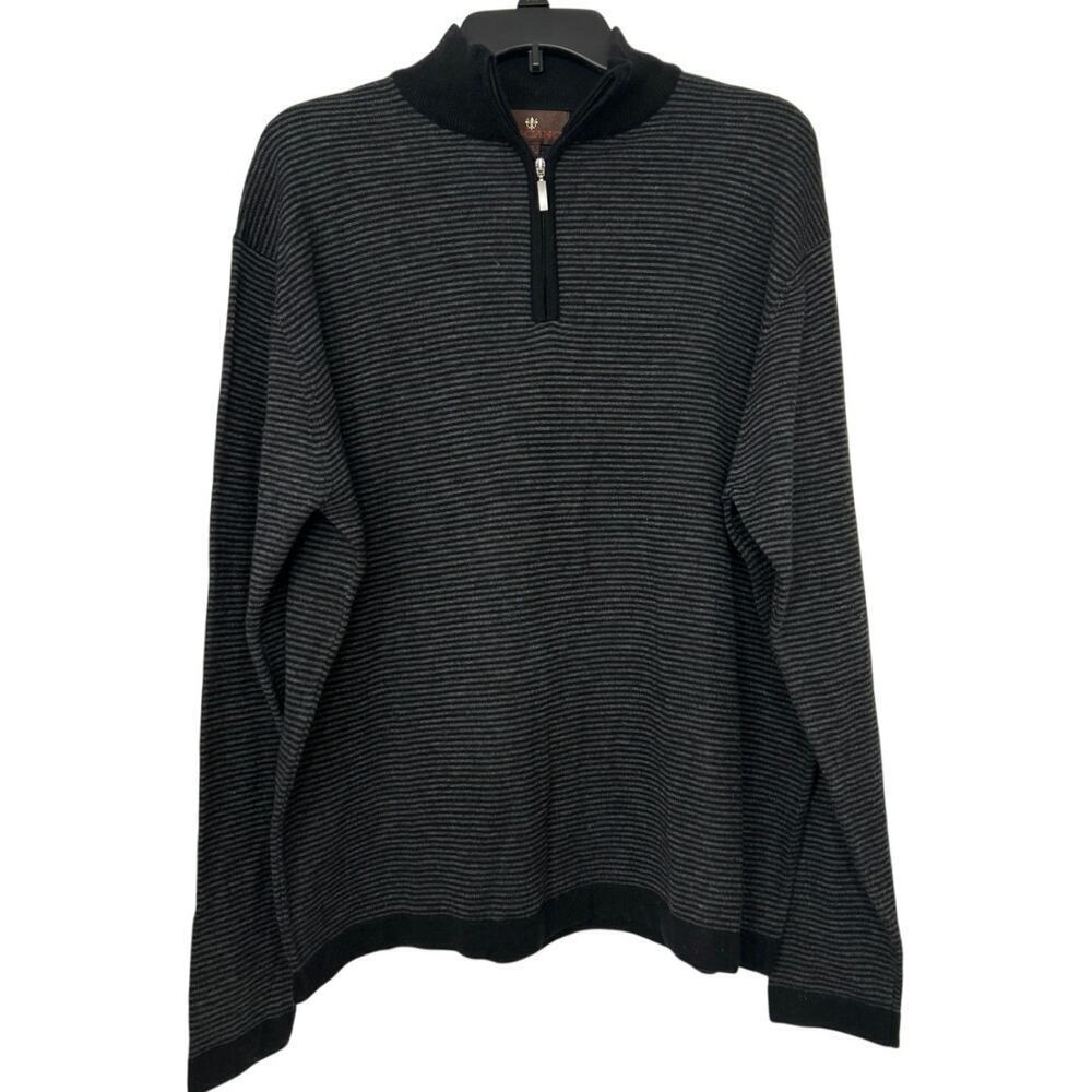 Toscano Merino Wool Blend Black Striped 1/4 Zip Mock Neck Sweater Size XL